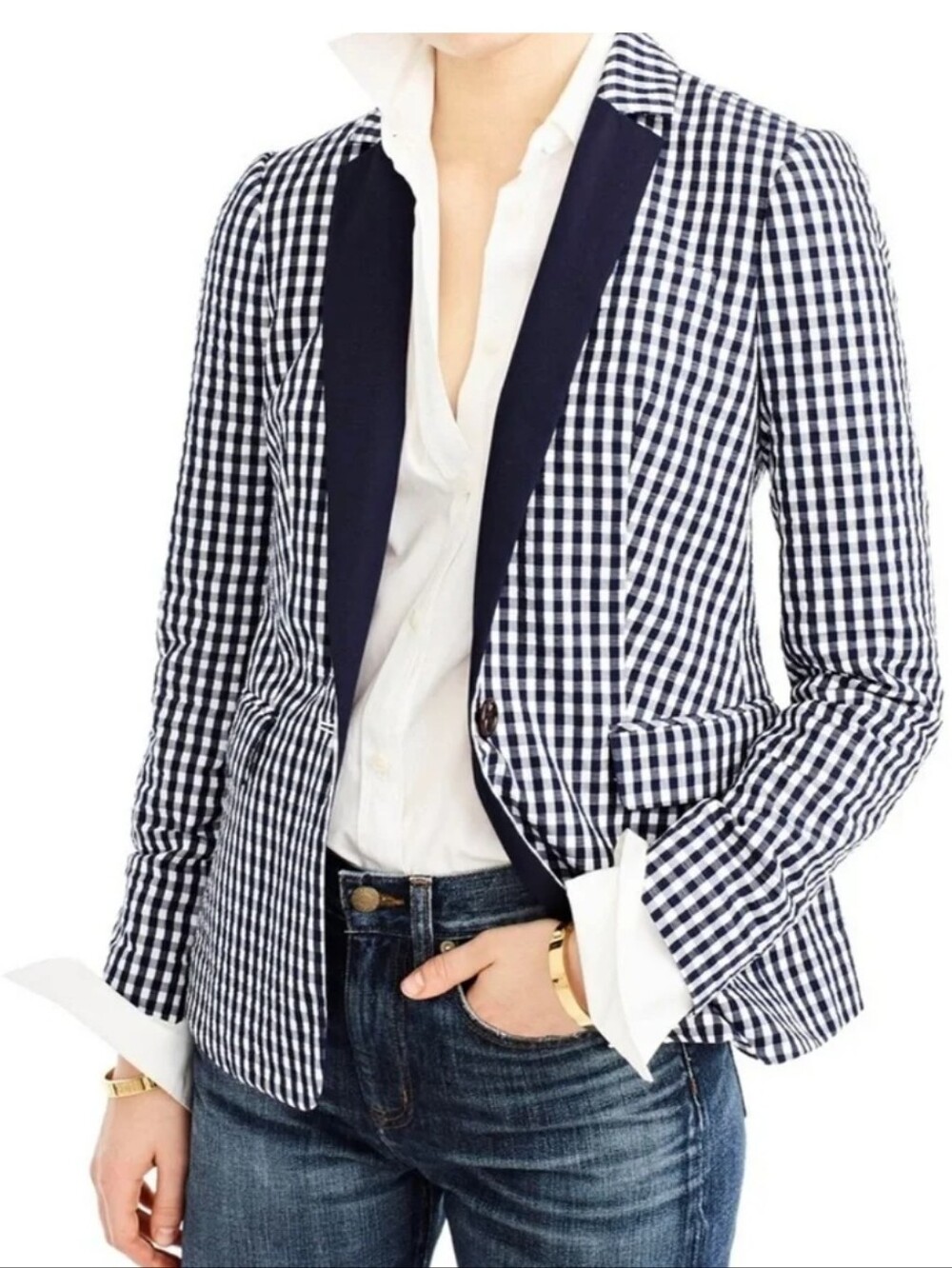 J.Crew Womens Gingham Blazer Navy White Classic Fit One Button Jacket Sz. 2